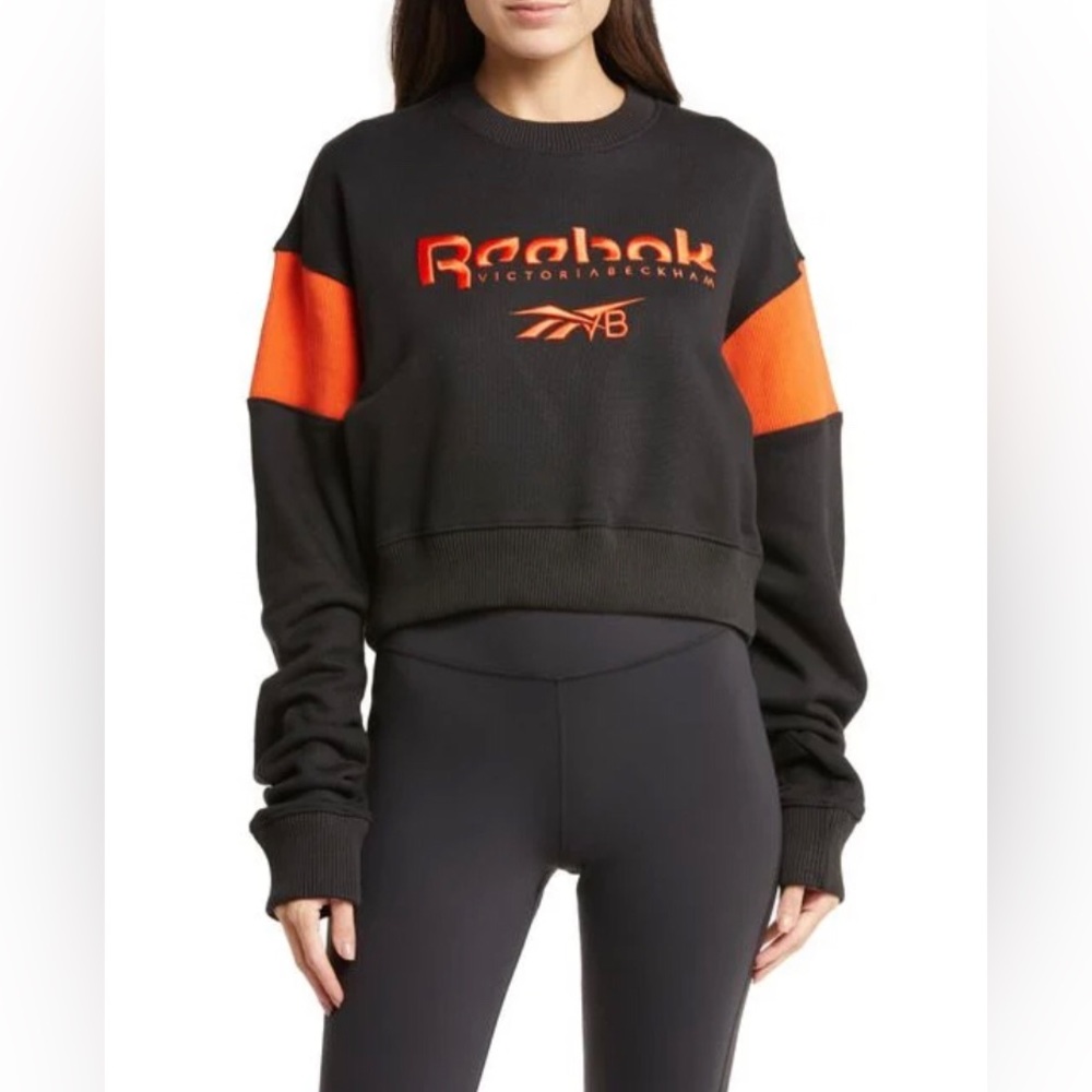 Reebok x Victoria Beckham Embroidered Black Orange Crewneck Sweatshirt Sz S/M